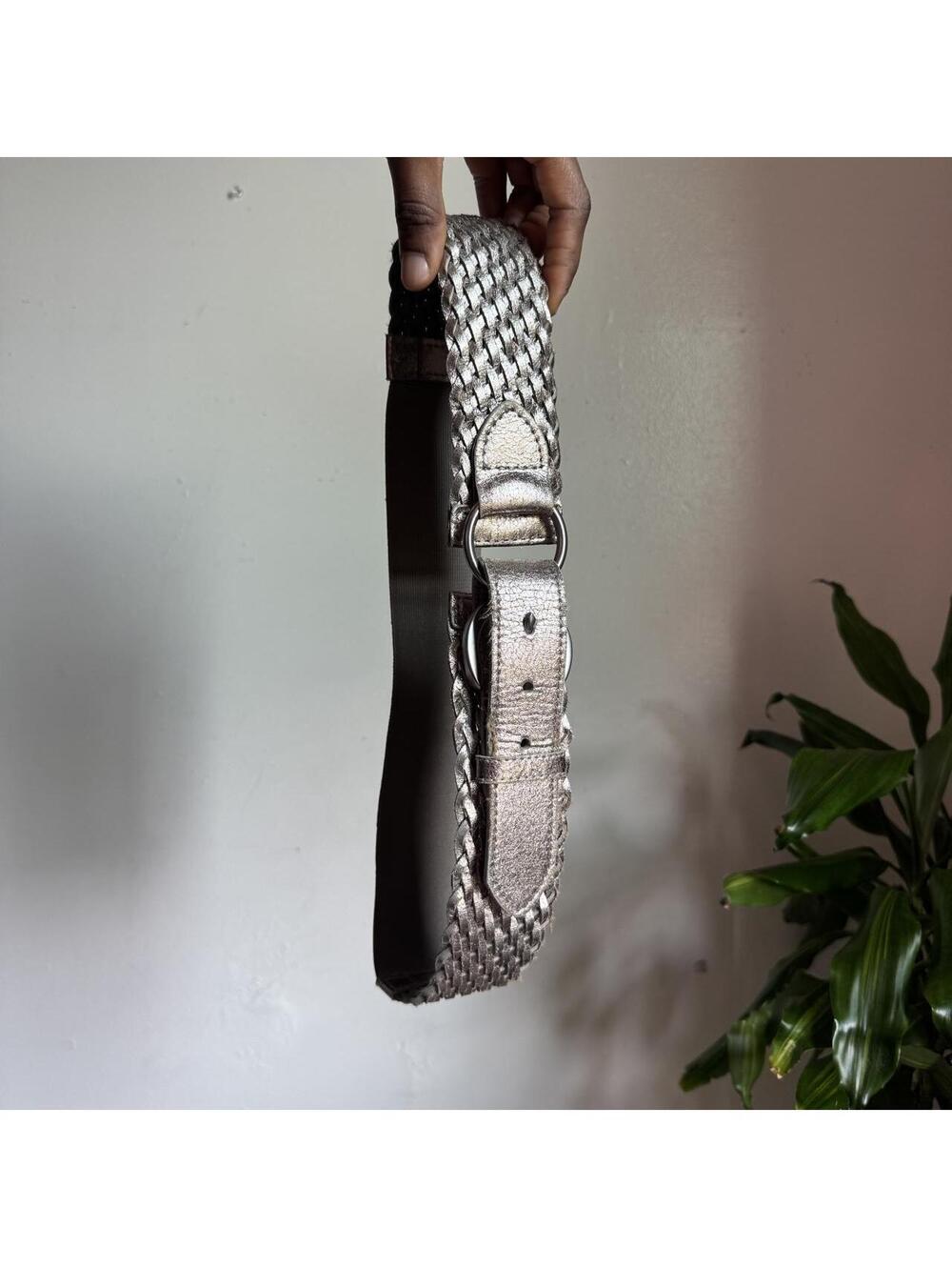 Y2K Silver Metallic Braided Stretch Belt Wide Waist Double O Ring Buckle S-L